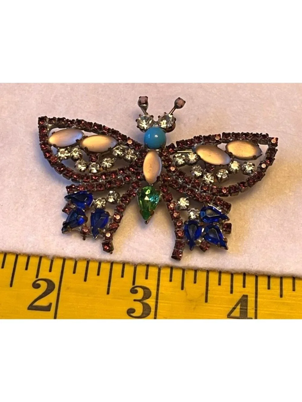 Vtg Czech Glass Butterfly Brooch With Rare Colored Glass Stones & Intricate Desi